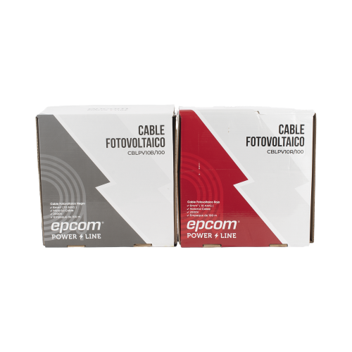 EPCOM POWERLINE KIT2CBLPV10RB/100 Kit de 2 rollos de 100 metros de cable fotovoltaico de cobre, rojo y negro, calibre 10 AWG (6mm²), Tipo PV, 1000/2000 V y 120°C.