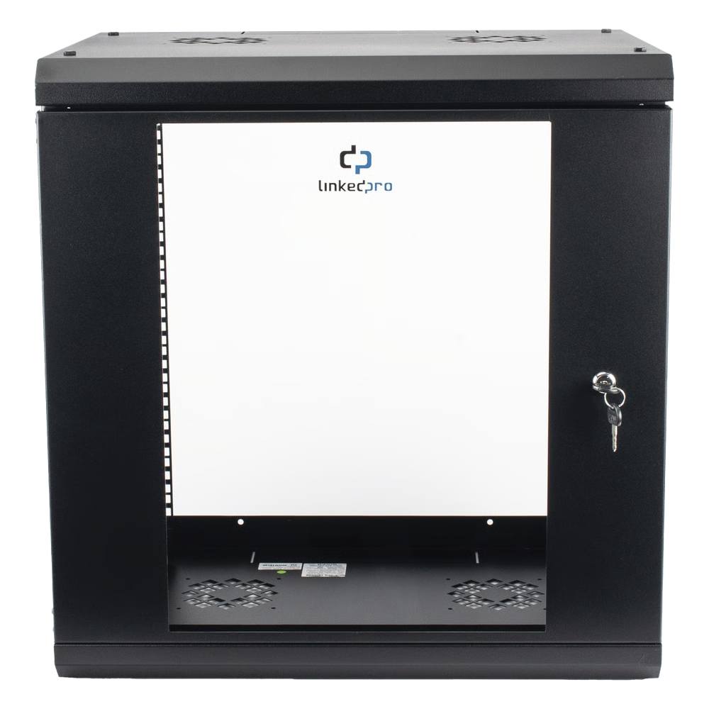 LINKEDPRO SR1912LH3G GABINETE DE PARED DE 12U CON PUERTA DE CRISTAL TEMPLADO, 455 MM DE PROFUNDIDAD, RACK DE 19», ACERO REFORZADO COLOR NEGRO.