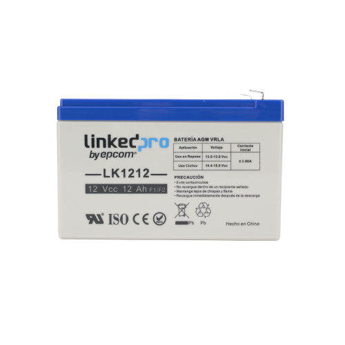LINKEDPRO BY EPCOM LK1212 Batería 12 V, 12 Ah, UL, Tecnología AGM, Vida útil promedio de 5 años, Uso en equipo electrónico, Intrusión, Incendio/ Control de acceso, Video Vigilancia, Terminales F1 ( Incluye adaptador F2 )