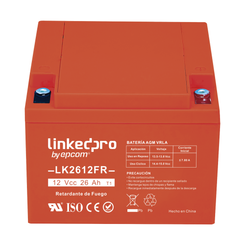 LINKEDPRO BY EPCOM LK2612FR Batería 12 V, 26 Ah, UL, Tecnología AGM-VRLA, Vida útil promedio de 5 años, Retardante a la Flama, Para uso en equipo electrónico, Alarmas de Intrusión, Incendio/ Control de acceso, Video Vigilancia, Term