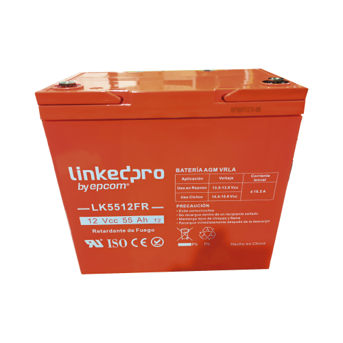 LINKEDPRO BY EPCOM LK5512FR Batería 12 V, 55 Ah, UL, Tecnología AGM-VRLA, Vida útil promedio de 5 años, Retardo a la flama, Para uso en equipo electrónico, Alarmas de Intrusión, Incendio/ Control de acceso, Video Vigilancia, Termina
