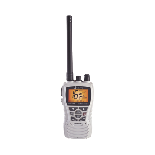 COBRA MRHH350WFLT Radio portátil marino, flotante y sumergible con función de eliminación de agua de la bocina mediante vibración, potencia de RF de 6 Watts.