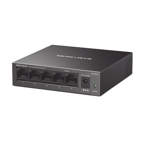 Mercusys MS105GS Switch NO Administrable, Para escritorio, Carcasa de metal, 5 puertos 10/100/1000 Mbps, Diseño Compacto, Plug and Play