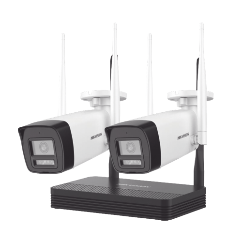 HIKVISION NKS424W0H Kit IP Inalámbrico 4 Megapixel, NVS 4 Canales, 2 Cámaras Bala para Exterior con Lente 2.8 mm y Dual Light (30 mts IR + 30 mts Luz Blanca), Audio Bidireccional (Micrófono y Bocina), Soporta Micro SD de 512 GB