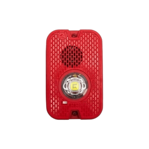 SYSTEM SENSOR P2GRKLED Sirena con Lámpara LED Estroboscópica, a 2 Hilos, Montaje en Pared, 12 o 24 Vcd, Configuración Estroboscópica Seleccionable, Texto en Inglés, Color Rojo, Uso exterior