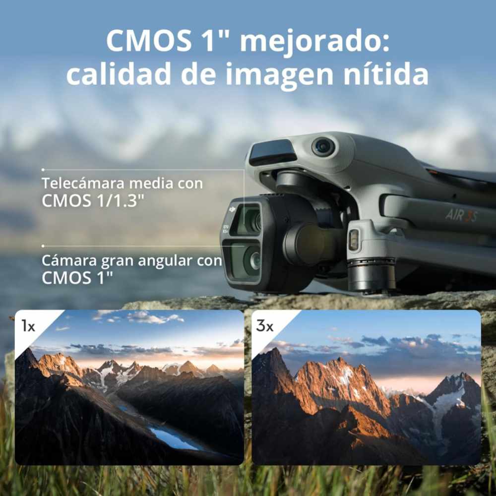 PACK DJI AIR 3S VUELA MÁS (CONTROL REMOTO CON PANTALLA RC 2), DRON GRAN ANGULAR CON CMOS 1 Y TELECÁMARA MEDIA, 4K 60 FPS, DETECCIÓN DE OBSTÁCULOS OMNIDIRECCIONAL Y 3 BATERÍAS PARA VOLAR MÁS