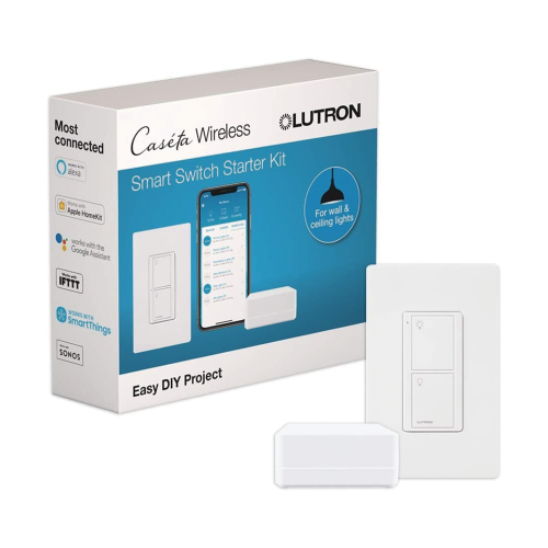 LUTRON CASETA WIRELESS PBDGPKG1WS (Caseta Wireless) Kit Hub controlador, interruptor On/Off y placa.