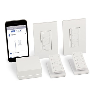 LUTRON CASETA WIRELESS PBDGPKG2W (Caseta Wireless) Kit Hub controlador, 2 atenuadores, 2 controles remotos, 2 base mesa y 2 tapas.