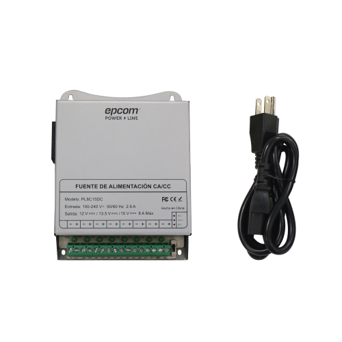 EPCOM POWERLINE PL-8C-15DC Fuente de Poder Metálica, Para 8 Cámaras, Ajustables a 12 o 13.5 o 15 Vcc, 8 Amperes, Instalación en Pared.