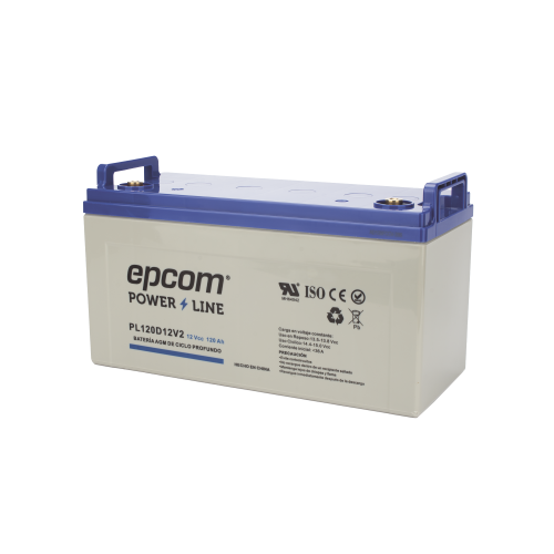 EPCOM POWERLINE PL120D12V2 Batería 12 Vcc, 120 Ah, UL, Tecnología AGM-VRLA, CICLO PROFUNDO, Para uso en aplicaciones fotovoltaicas y de emergencia, Terminales T4