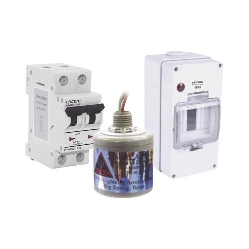 EPCOM POWERLINE PL16ACD Kit de Centro de Carga Para Corriente Directa, Breaker de hasta 800 Vcc de 16 A con Supresor de Descargas Atmosféricas.