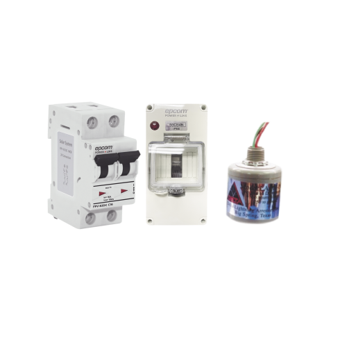 EPCOM POWERLINE PL20ACD Kit de Centro de Carga Para Corriente Directa, Breaker de hasta 800 Vcc de 20 A con Supresor de Descargas Atmosféricas.
