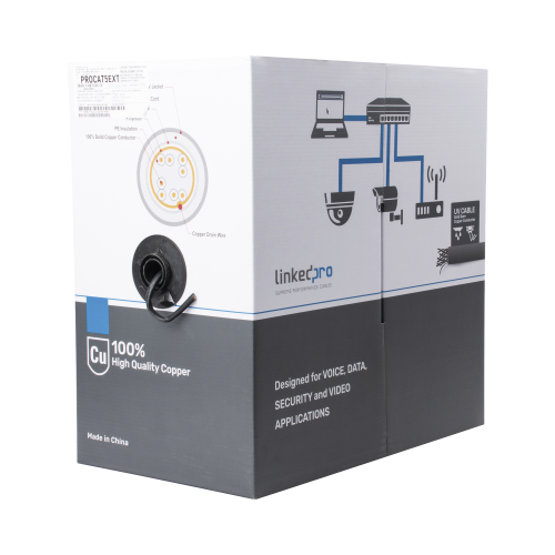 LINKEDPRO BY EPCOM PRO-CAT-5-EXT Bobina de cable de 305 m, Cat5e , FTP, blindado, color negro, UL, para aplicaciones en video vigilancia, redes de datos. Uso en Intemperie