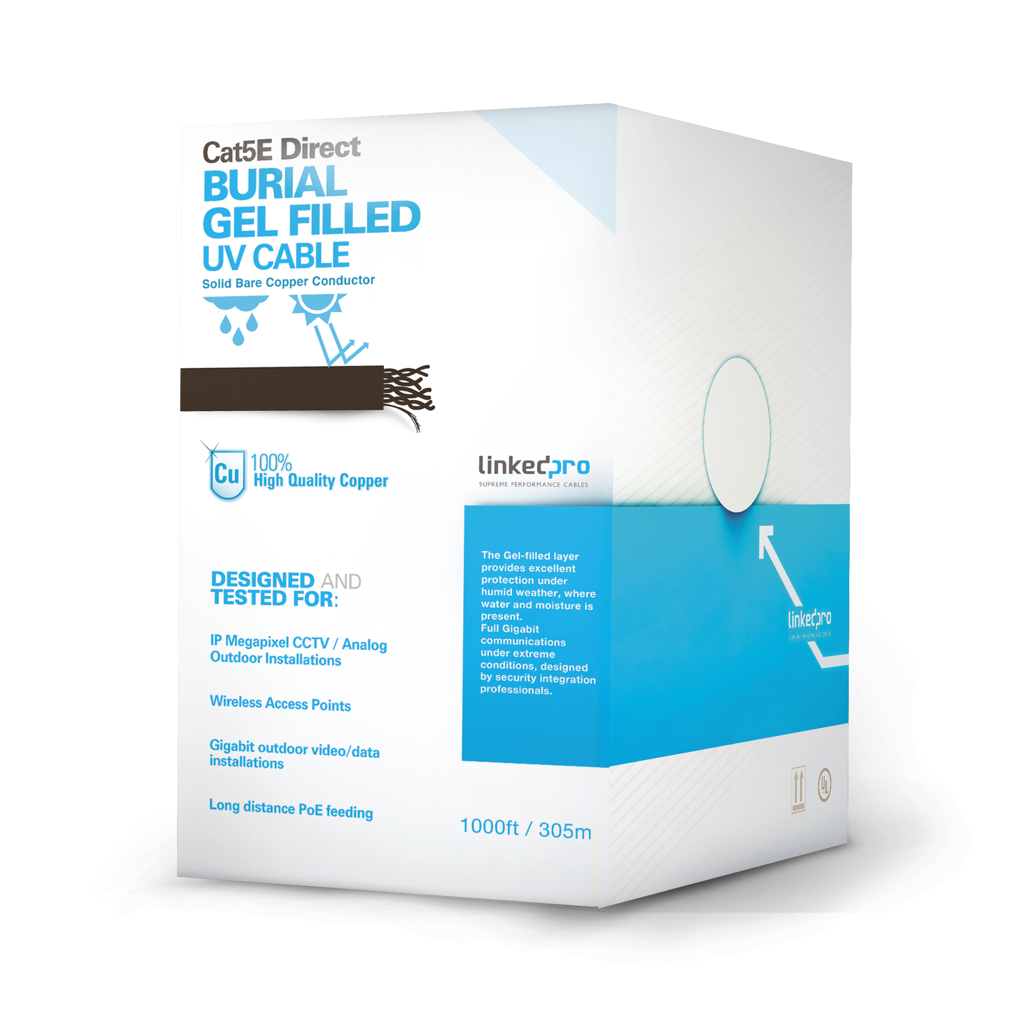 LINKEDPRO BY EPCOM PRO-CAT-5E-GELX Bobina de cable de 305 m, Cat5E, con gel, para intemperie, doble forro extrema humedad, bajo tierra, UL, color negro para aplicaciones en video vigilancia, y redes de alta velocidad.