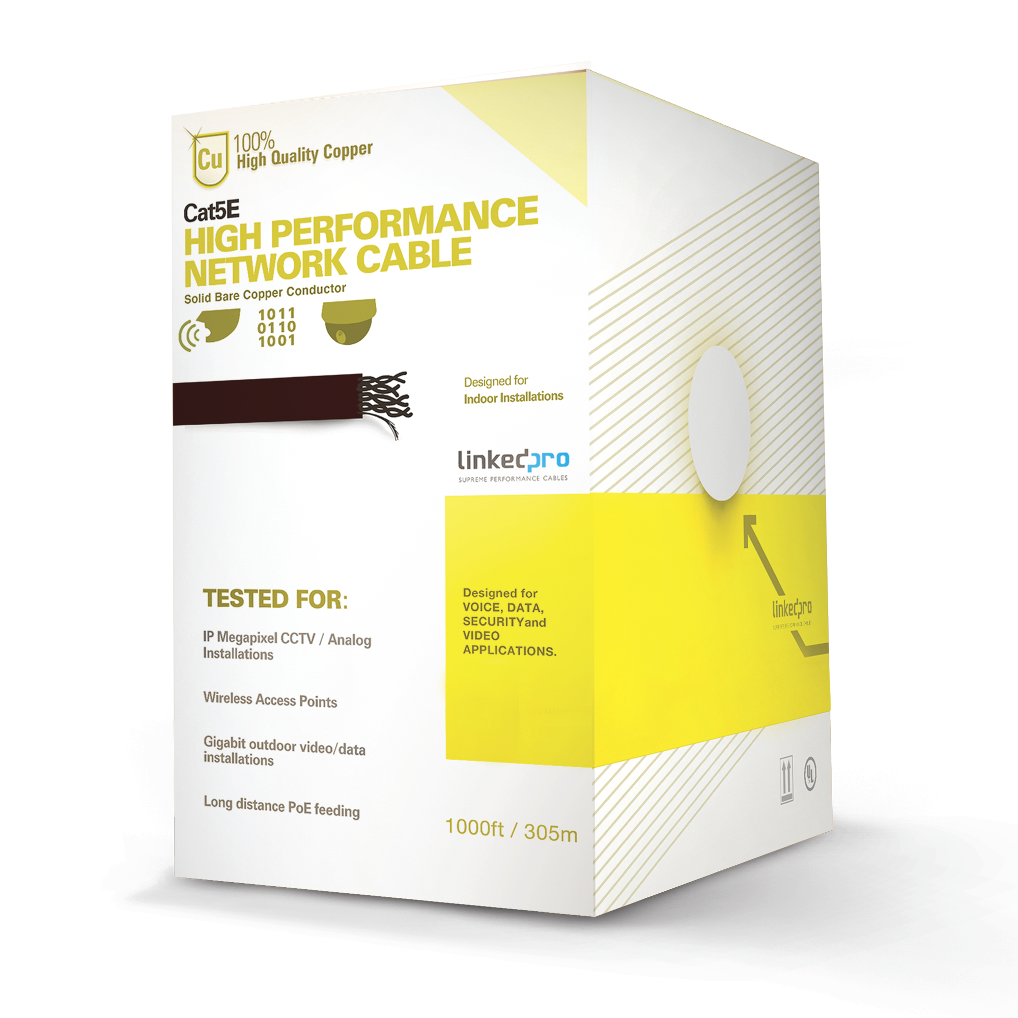 LINKEDPRO BY EPCOM PRO-CAT-5E-W Bobina de cable de 305 m, ( 1000 ft ), Cat5e, alto rendimiento, color blanco, UL, para aplicaciones en video vigilancia, redes de datos. Uso en interior