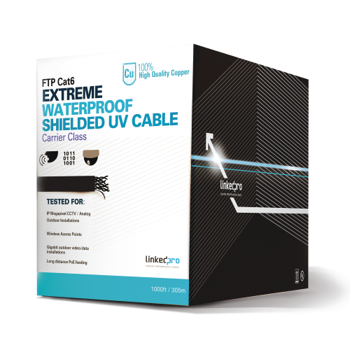 LINKEDPRO BY EPCOM PRO-CAT-6-EXT-LITE Bobina de cable 305 Metros Cat6+ CALIBRE 23, Climas EXTREMOS, Color negro, sin blindar, para intemperie.
