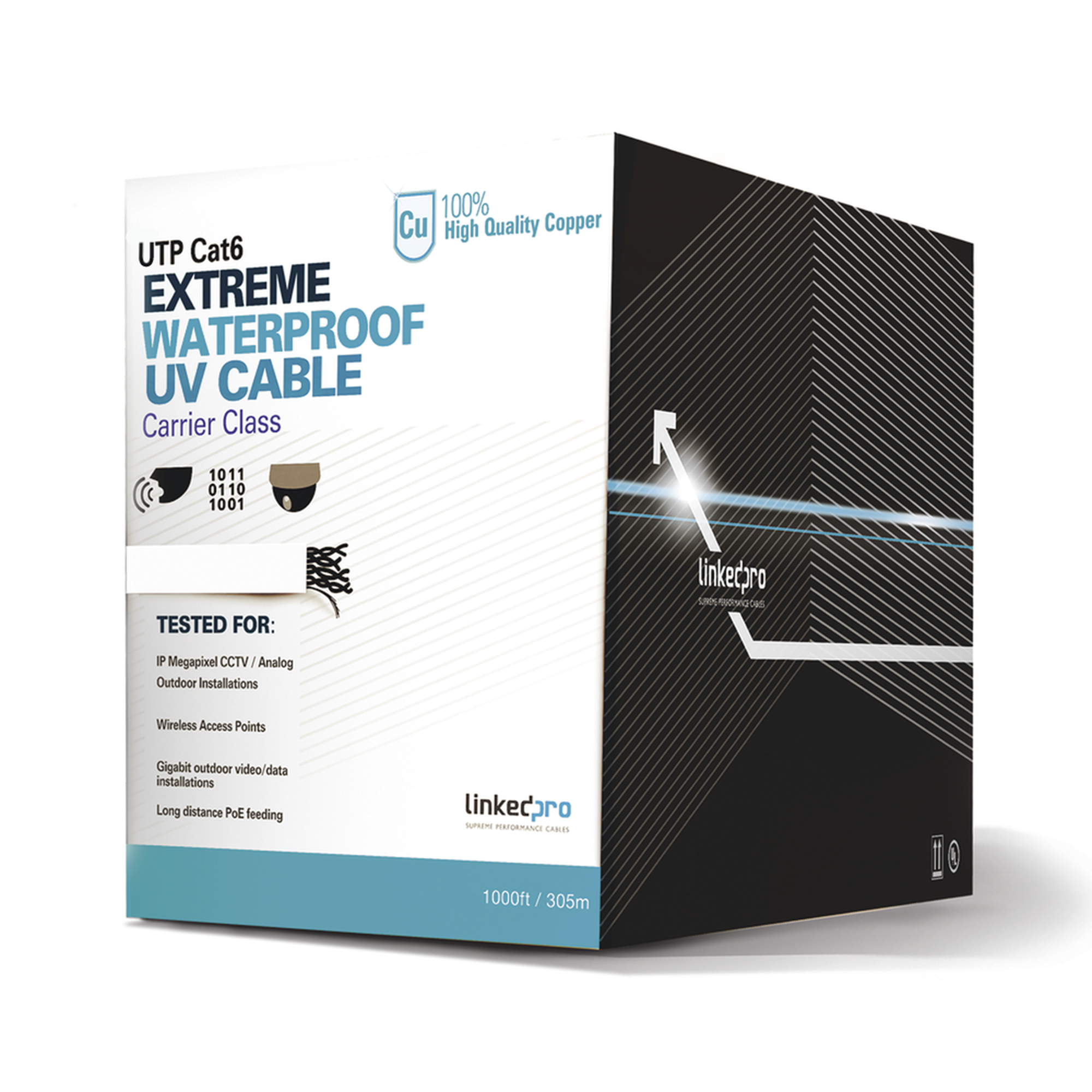LINKEDPRO BY EPCOM PRO-CAT-6-EXT-LITEW Bobina de cable de 305 m, Cat6, para intemperie, sin blindar, color blanco, UL, para aplicaciones en CCTV y redes de datos. Requiere tubería para su correcta instalación en ambientes exteriores.