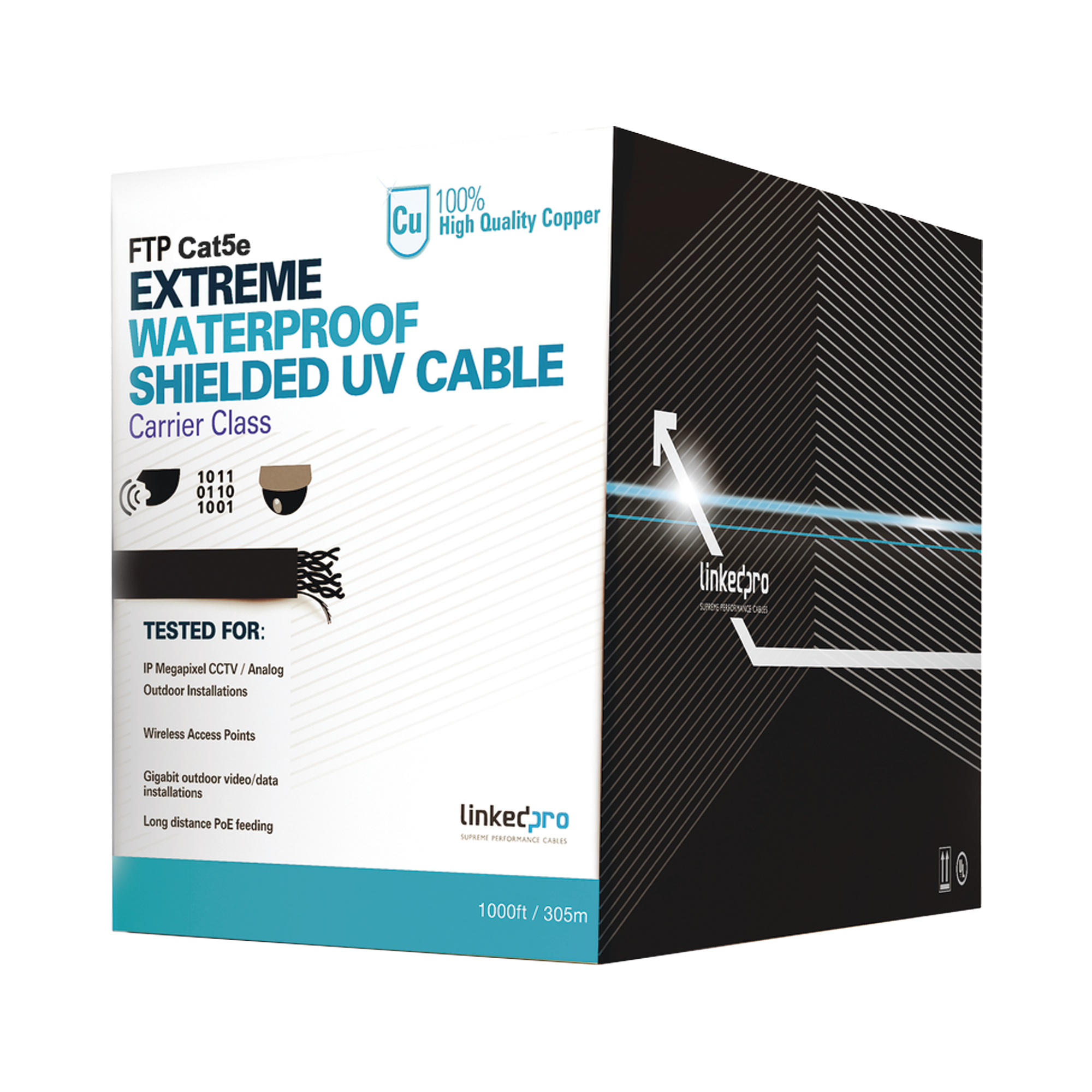 LINKEDPRO BY EPCOM PRO-CAT5-EXT-LITE Bobina de cable de 305 m, Cat5e, color negro, sin blindar, para aplicaciones de video vigilancia, redes de datos. Uso en intemperie