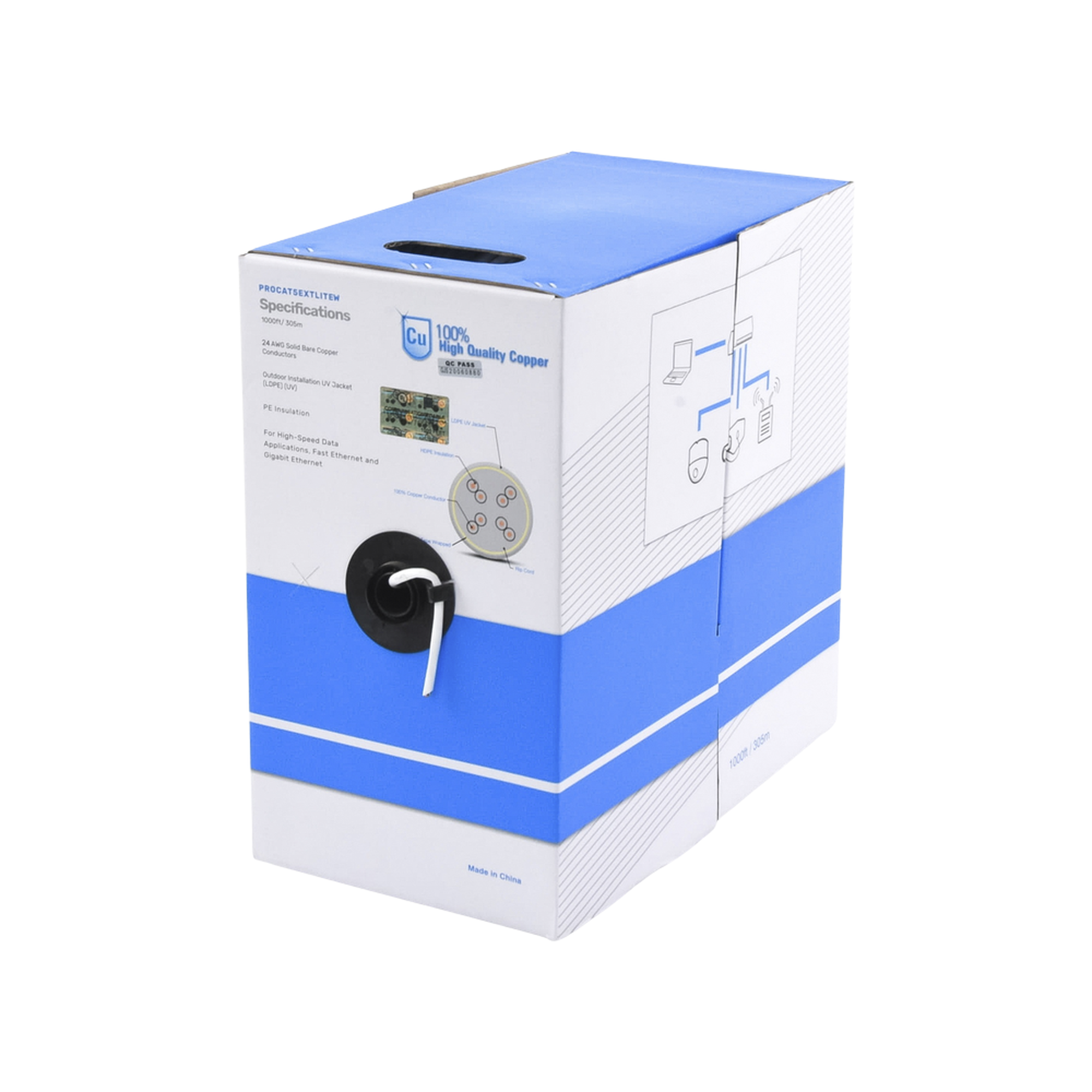 LINKEDPRO BY EPCOM PRO-CAT5-EXT-LITEW Bobina de cable de 305 m, Cat5e, para intemperie, sin blindar, color blanco, UL, para aplicaciones en CCTV y redes de datos. Requiere tubería para su correcta instalación en ambientes exteriores.