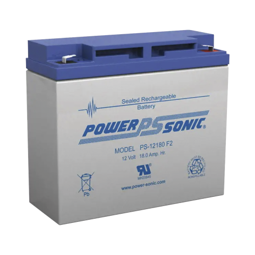 POWER SONIC PS-12180-F2 Batería 12V, 18AH, Para Respaldo, Tecnologías AGM/VRLA, Diseño De Vida Útil 5 Años, Terminales Tipo F2, Listada UL, Libre De Mantenimiento