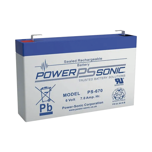POWER SONIC PS-670-F1 Batería 6V, 7AH, Para Respaldo, Tecnologías AGM/VRLA, 5 Años Vida Útil, Terminales F1, Reconocida UL