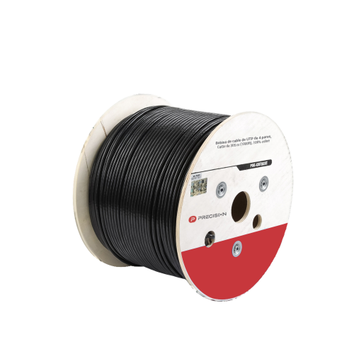 PRECISION PSC-CAT5EXT-GEL Bobina de cable de UTP de 4 pares Cat5e de 305 m (1000 ft), 100% Cobre, LDPE Resistente a rayos UV Relleno de Gel, Color Negro, 24 AWG, Uso en Exterior, Para Aplicaciones de Voz, Datos y Video