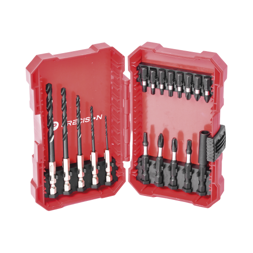 PRECISION PST-C010-02 Juego de 18 Puntas y Brocas para Taladro, con Entrada Hexagonal de 1/4″, Incluye Estuche.