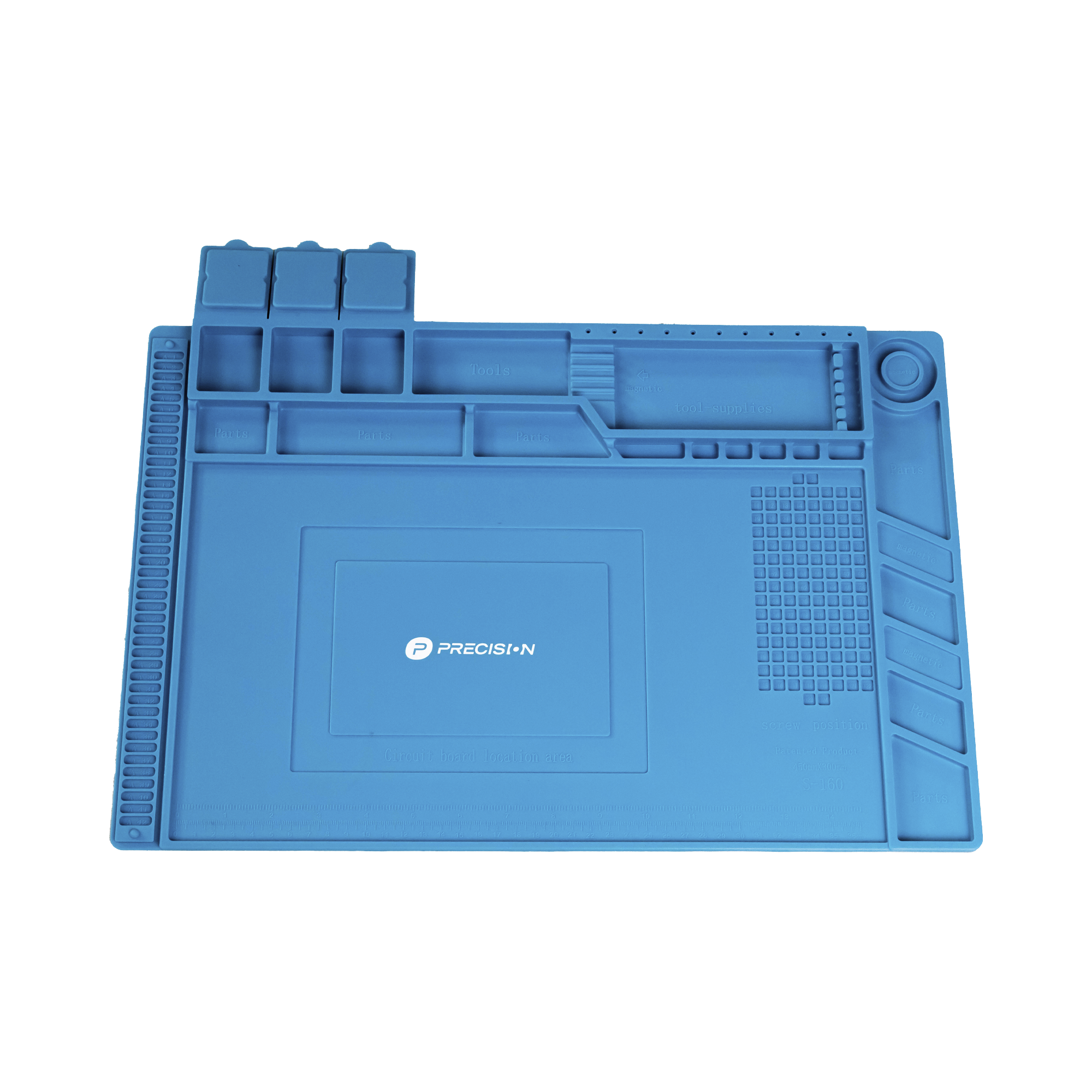 PRECISION PST-S03-001 Tapete de silicona de 45 x 30 cm, resistente al calor con áreas magnéticas y de almacenamiento de componentes, ideal para la reparación de equipos y tarjetas electrónicas.