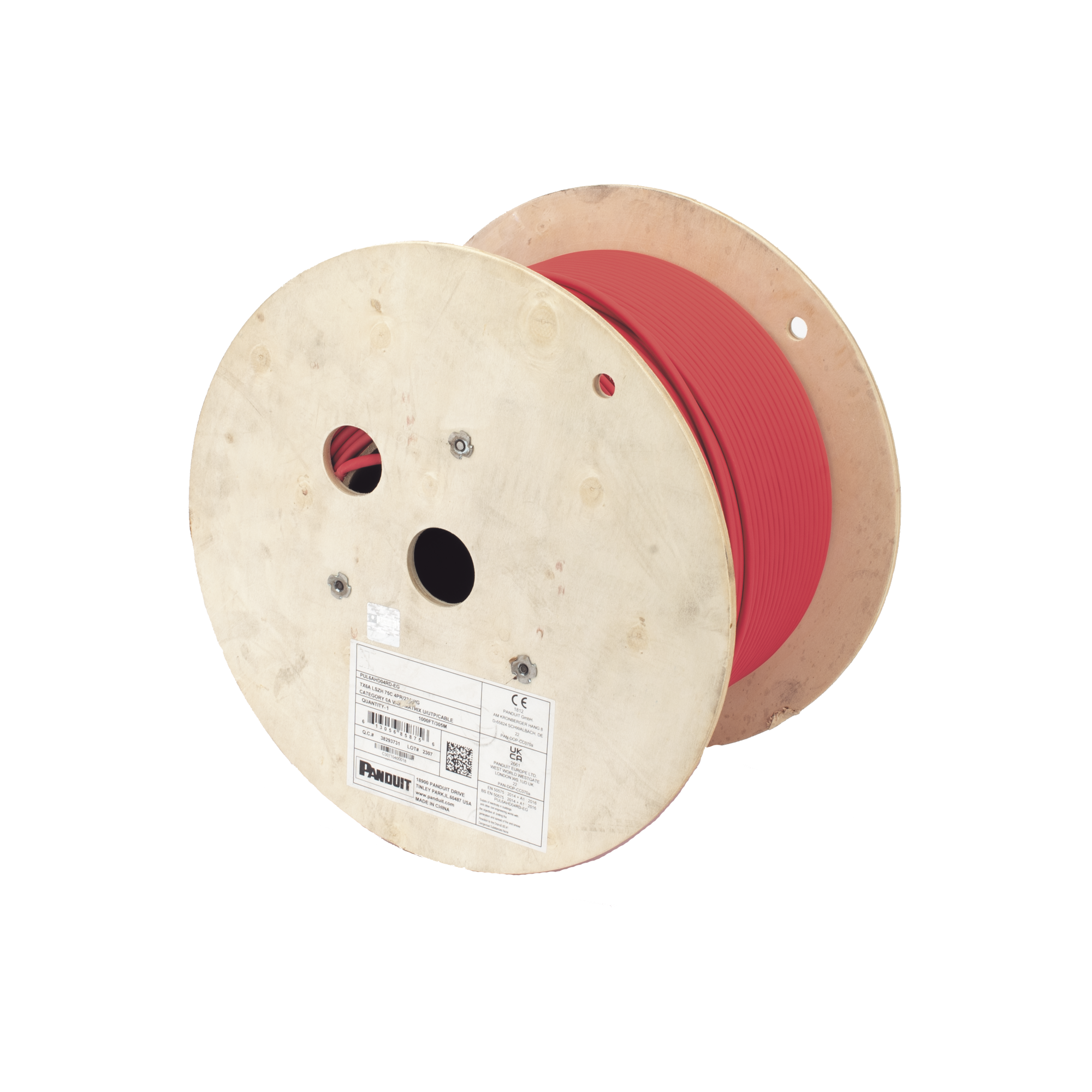 PANDUIT PUL6AHD04RD-EG Bobina de Cable UTP de 4 Pares, Vari-MaTriX, Cat6A, 23 AWG, LSZH (Libre de Gases Tóxicos), Color Rojo, 305m