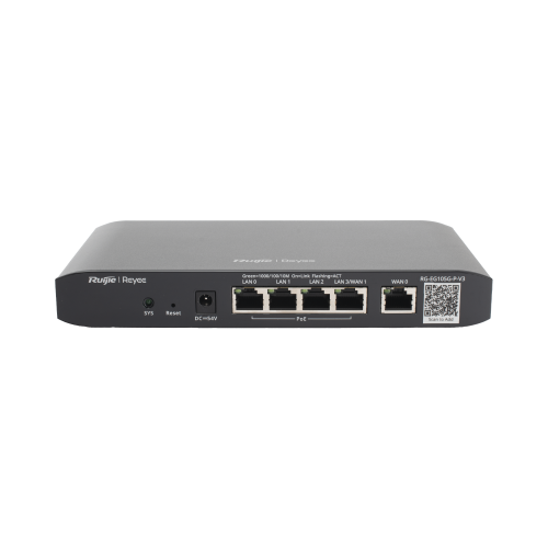 RUIJIE RG-EG105G-P-V3 Router Balanceador con Función SD-WAN, POE+ hasta 54w, 3 puertos LAN gigabit, 1 Puerto WAN gigabit y 1 puerto LAN/WAN gigabit configurable, hasta 100 clientes con desempeño de 600 Mbps asimétricos