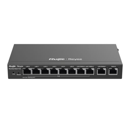 RUIJIE RG-EG210G-P-V3 Router Balanceador con Función SD-WAN, PoE+ hasta 110w, 10 puertos gigabit (8 puertos PoE), soporta 4x WAN configurables, hasta 200 clientes con desempeño de 1,000 Mbps