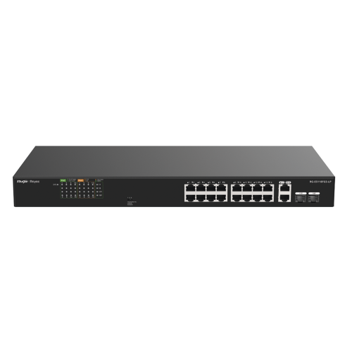 RUIJIE RG-ES118FGS-LP Switch PoE+ 120 Watts, No Administrable Ideal para CCTV, 16 Puertos 10/100, 2 Uplinks Gigabit y 2 SFP, Carcasa Metálica