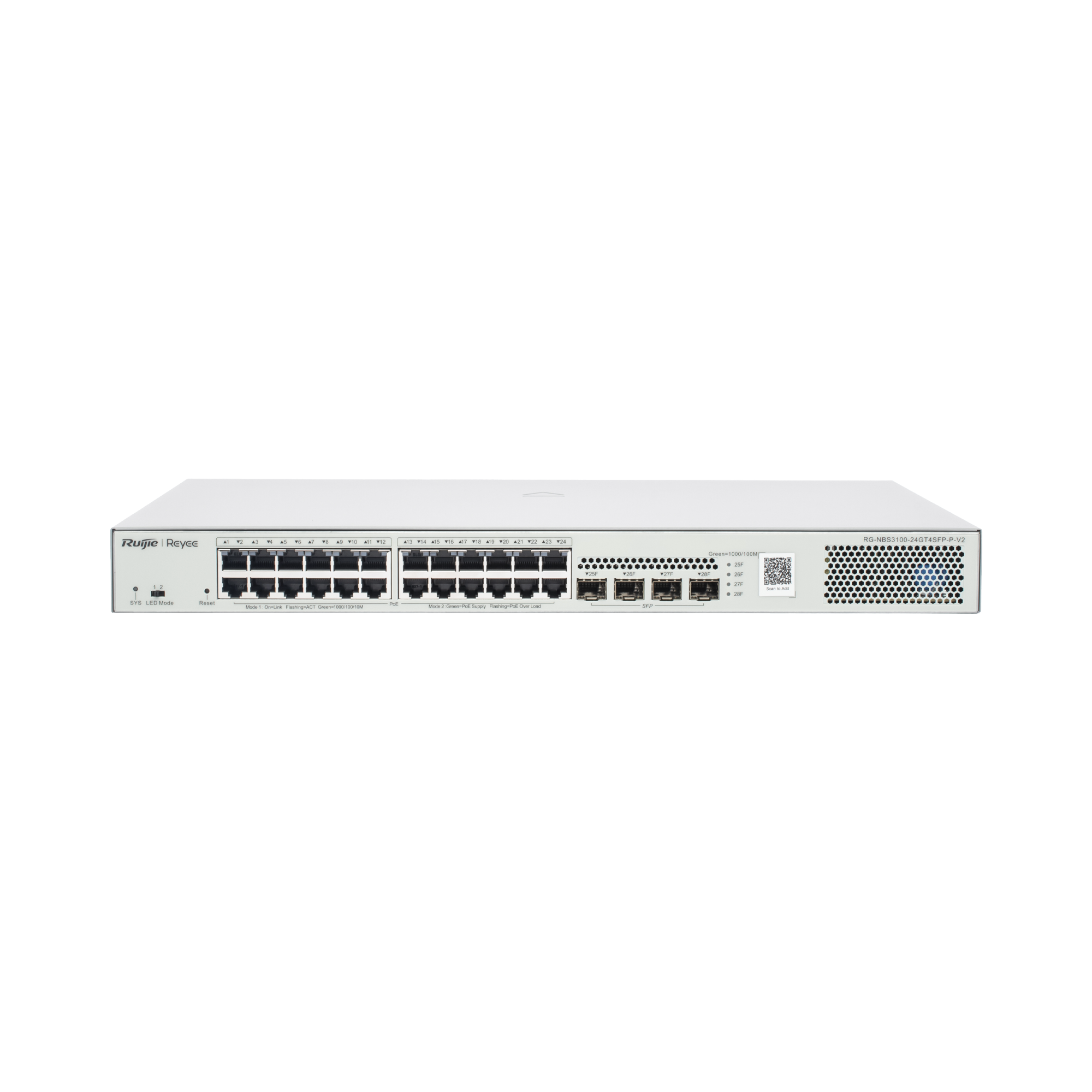 RUIJIE RG-NBS3100-24GT4SFP-P-V2 Switch Administrable L2 PoE+ hasta 370W, 24 Puertos Eth 1G, 4 puertos SFP 1G, Administración Remota en la Nube.