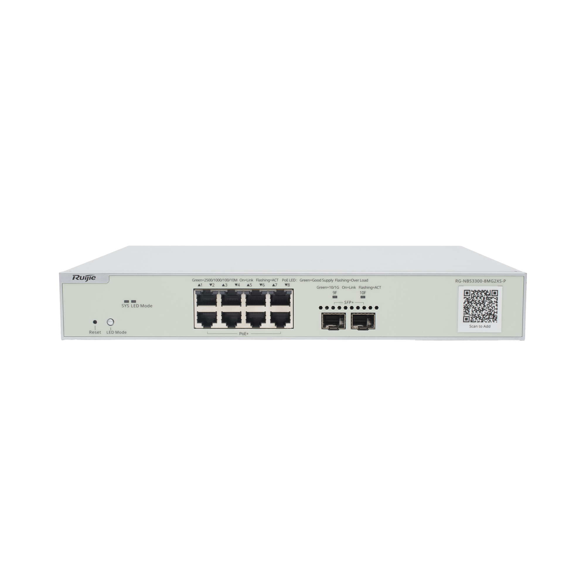 RUIJIE RG-NBS3300-8MG2XS-P Switch Multi-Gigabit PoE+ Capa 2 con 8 Puertos 2.5G PoE+ hasta 240W y 2 Uplink SFP+ 10G ,Administrable Cloud, Diseñado Para Access Points WiFi 6/7
