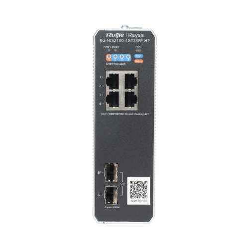 RUIJIE RG-NIS2100-4GT2SFP-HP Switch Industrial PoE hasta , Ideal para temperaturas Extremas y protección contra descargas, 1 x PoE++ Port, 3 x PoE+ Ports, and 2 x SFP Uplink Ports