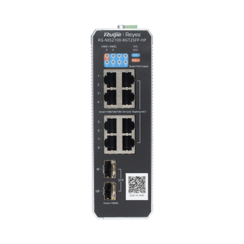 RUIJIE RG-NIS2100-8GT2SFP-HP Switch Industrial PoE hasta , Ideal para temperaturas Extremas y protección contra descargas, 1 x PoE++ Port, 7 x PoE+ Ports, and 2 x SFP Uplink Ports