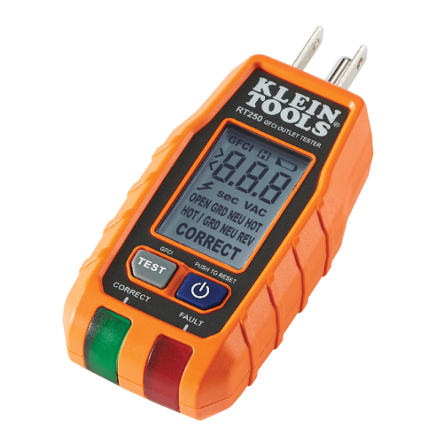 KLEIN TOOLS RT-250 Probador de Tomacorrientes con Interruptor de Falla a Tierra (GFCI) con pantalla LCD.