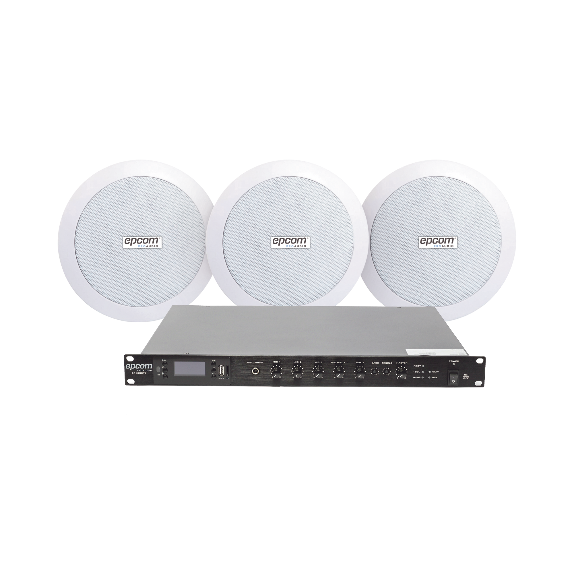 EPCOM PROAUDIO SF120DTB/3CS KIT de Amplificador de 120W para Rack SF120DTB | 3 Altavoces de Plafón de 5.5in SF-206P | 3.75 – 30W | Sistema 70/100V