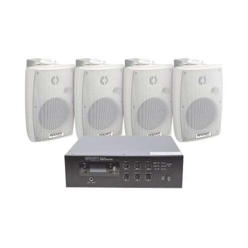 EPCOM PROAUDIO SFB120/4WSW KIT de Amplificador de 120W para Escritorio | 4 Altavoces de Pared color Blanco 2.5W – 20W | Sistema 70/100V