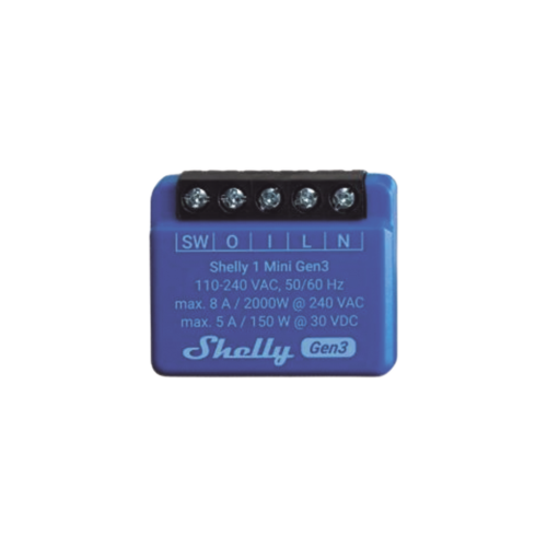 SHELLY SHELLY1MINIGEN3 Mini Interruptor inteligente con Wi-Fi, contacto seco, 1 canal 8A, compatible con asistentes de voz Alexa y GoogleHome