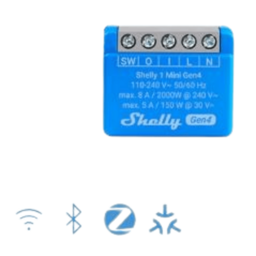 SHELLY SHELLY1MINIGEN4 Mini Interruptor inteligente con Wi-Fi 2.4, contacto seco /1 canal 8A, 110 – 240V, compatible con asistentes de voz