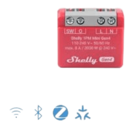 SHELLY SHELLY1PMMINIGEN4 Mini Interruptor inteligente Wi-Fi 2.4, medición de consumo, /1 canal 8A 110-240, compatible con asistentes de voz