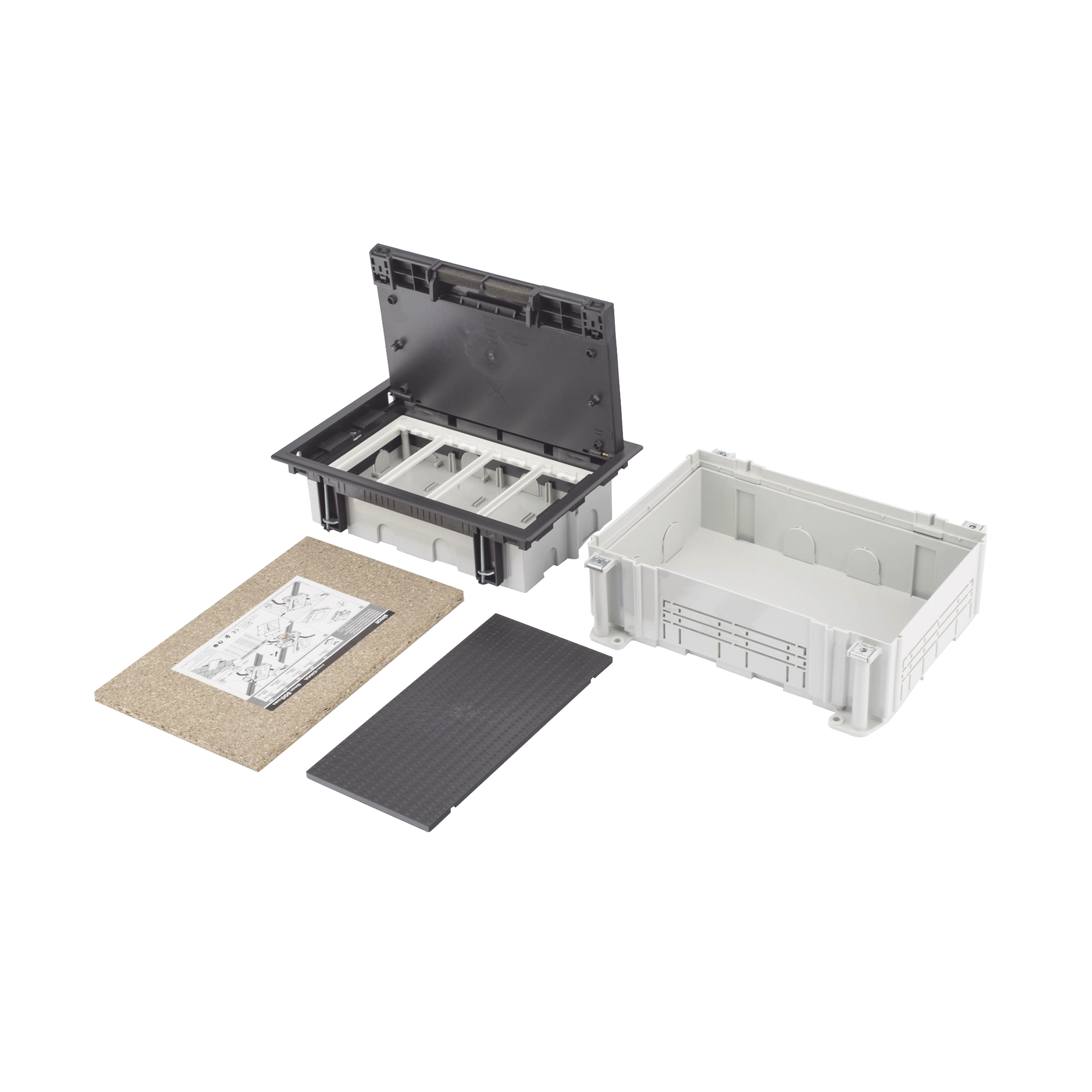 SIMON SM-CPAV-4 Caja Para Instalación en Pavimento para Voz, Datos o Contactos Eléctricos, Capacidad para 4 Módulos, Espacio Embellecedor en la Tapa, Profundidad Ajustable de 90 a 120 mm, Los Módulos se Adquieren Aparte, Incluye Registro