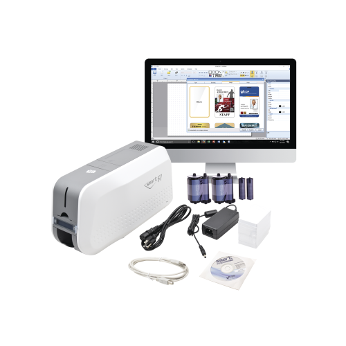 IDP SMART51SK Kit de Impresora tarjetas de PVC, Puede Crecer a Laminador/ Una Cara, Incluye: 2 x Ribbon a Color, 100 Tarjetas PVC, Kit de Limpieza, Software