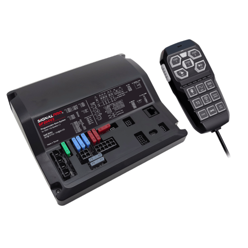SIGNALPRO SP204V2 Sirena Vehicular de 200W de Potencia, Programable, Con Controlador Unimando de 15 Botones Para Control de Tonos, 12 Salidas Auxiliares y Micrófono