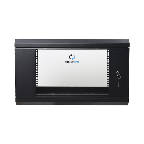 LINKEDPRO SR-1906-LH3G GABINETE DE PARED DE 6U CON PUERTA DE CRISTAL TEMPLADO, 455 MM DE PROFUNDIDAD TOTAL, RACK DE 19IN, ACERO REFORZADO COLOR NEGRO.