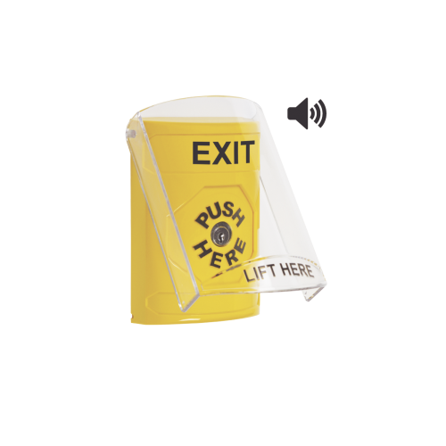 STI SS22A0XT-EN Botón de Salida, Texto en Ingles, Tapa Protectora de Policarbonato Súper Resistente, Llave para restablecer, Bocina integrada de Advertencia