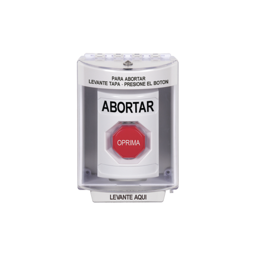 STI SS2382AB-ES Botón de Abortar, Bocina de Advertencia Integrada, Texto en Español, Tapa Protectora de Policarbonato Súper Resistente con Espaciador, Restablecimiento con Llave