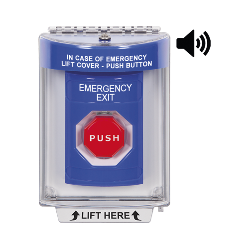 STI SS2448EX-EN Botón De Salida De Emergencia Con Bocina De Advertencia Integrada, Interior/Exterior, Texto En Ingles, Tapa Protectora De Policarbonato Súper Resistente, Neumático