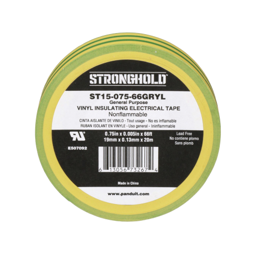PANDUIT ST15-075-66-GRYL Cinta Eléctrica STRONGHOLD para Aislar, de PVC, Uso Construcción General en Tierras Físicas, Grosor de 0.13 mm (5 mil), Ancho de 19.05 mm, y 20.12 m de Largo, Color Amarillo/Verde.